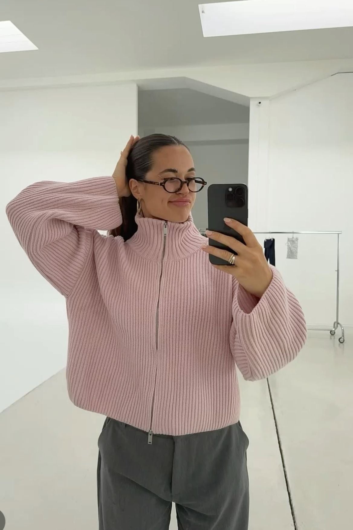 Women's Ribbed Zip Up Cardigan – Funnel Neck Balloon Sleeve Pink Knit Sweater