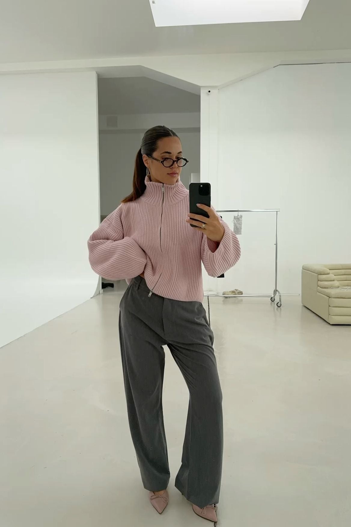 Women's Ribbed Zip Up Cardigan – Funnel Neck Balloon Sleeve Pink Knit Sweater