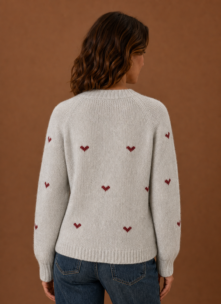 Women's Crew Neck Sweater Heart Print Long Sleeve Knit Pullover