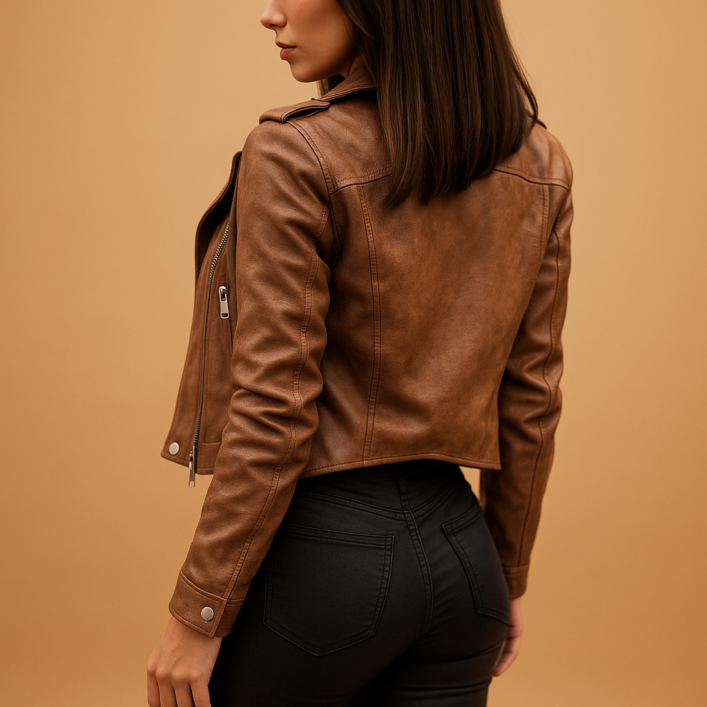 Women's Cropped Moto Jacket Zip-Up Snap Lapel Long Sleeve Casual