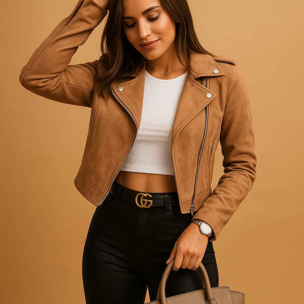 Women's Cropped Moto Jacket Zip-Up Snap Lapel Long Sleeve Casual