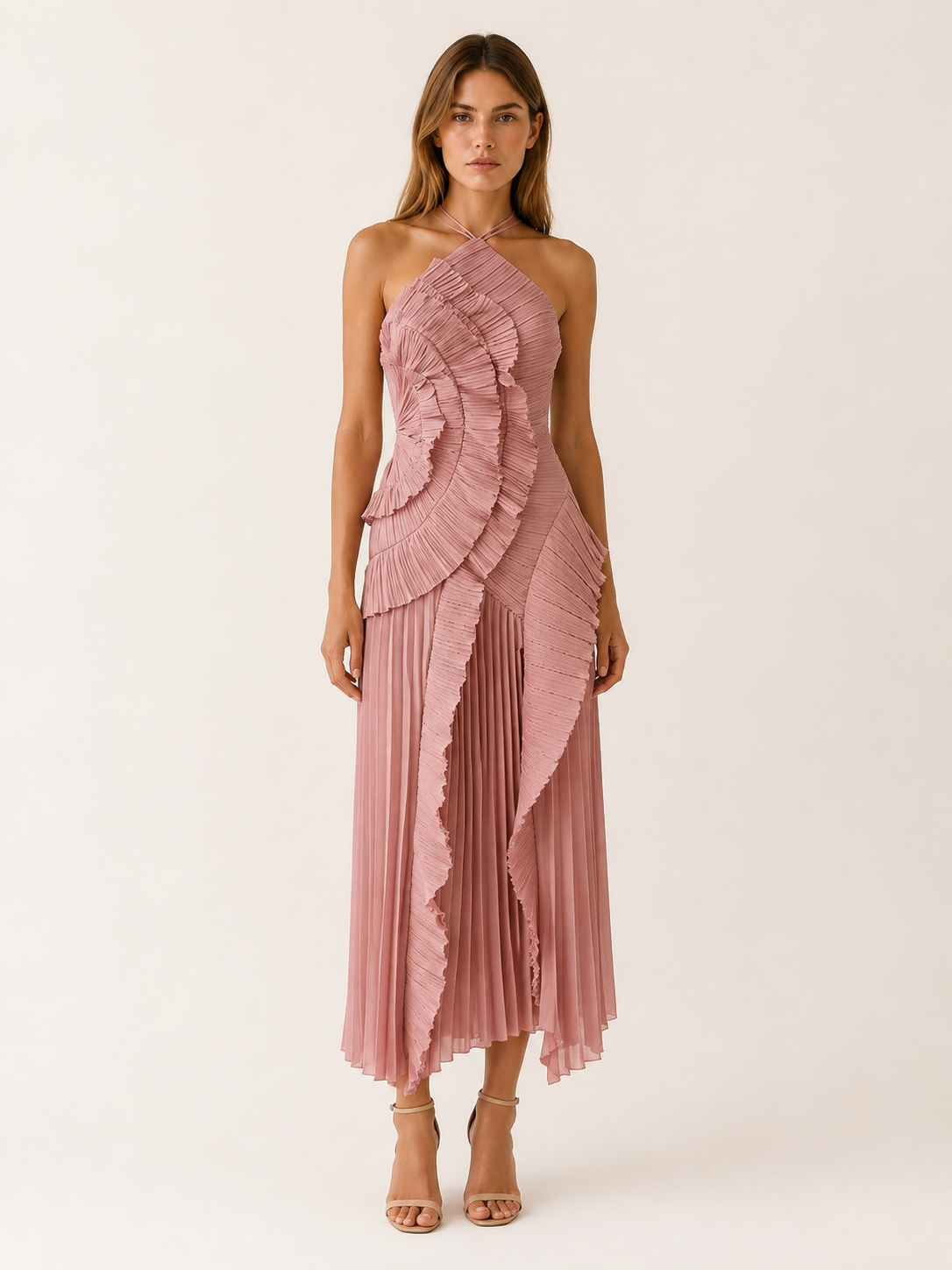 Women's Halter Neck Maxi Dress Pink Ruffle Pleated Asymmetric Hem Party