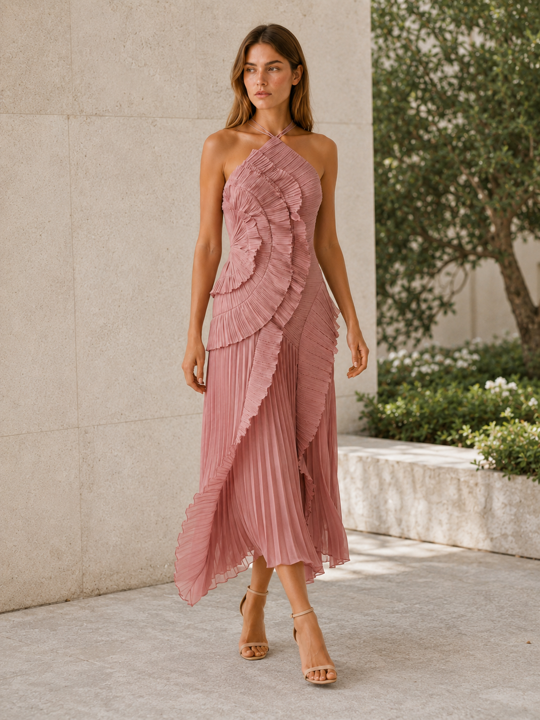 Women's Halter Neck Maxi Dress Pink Ruffle Pleated Asymmetric Hem Party