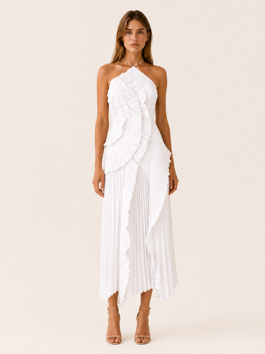 Women's Halter Neck Maxi Dress Pink Ruffle Pleated Asymmetric Hem Party