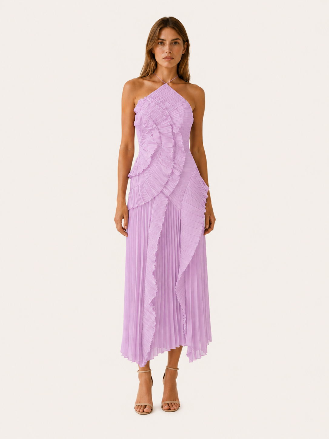Women's Halter Neck Maxi Dress Pink Ruffle Pleated Asymmetric Hem Party