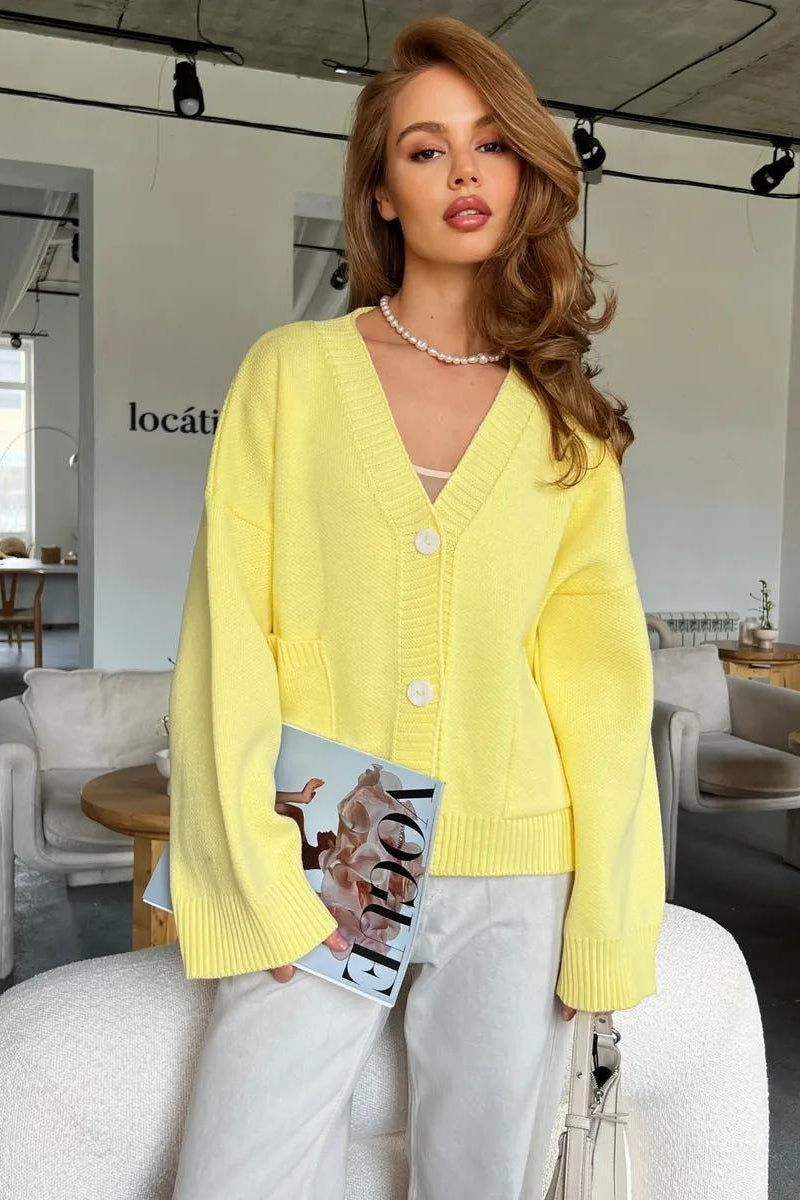Women's Oversized Knit Cardigan V-Neck Button Front Patch Pockets Casual