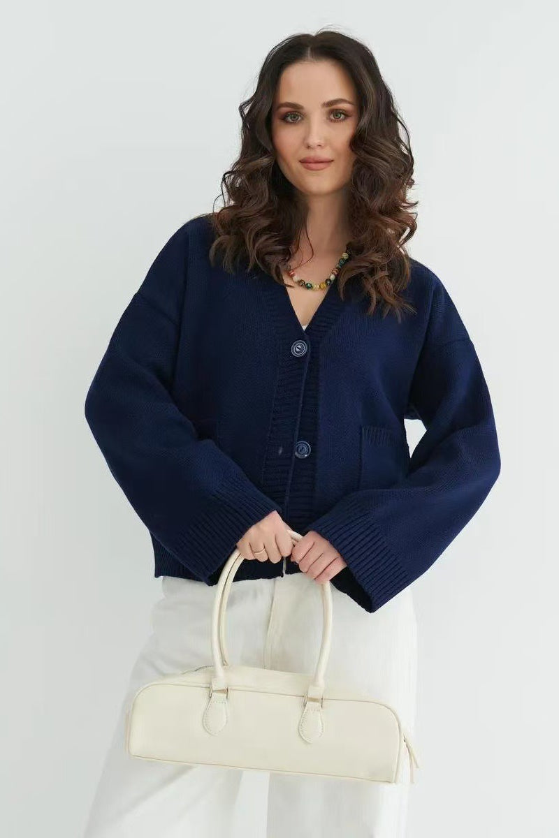 Women's Oversized Knit Cardigan V-Neck Button Front Patch Pockets Casual
