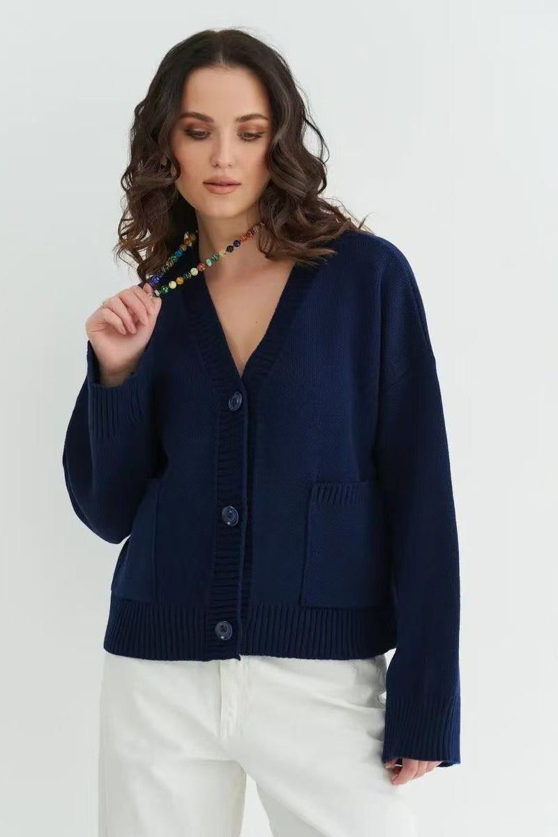 Women's Oversized Knit Cardigan V-Neck Button Front Patch Pockets Casual