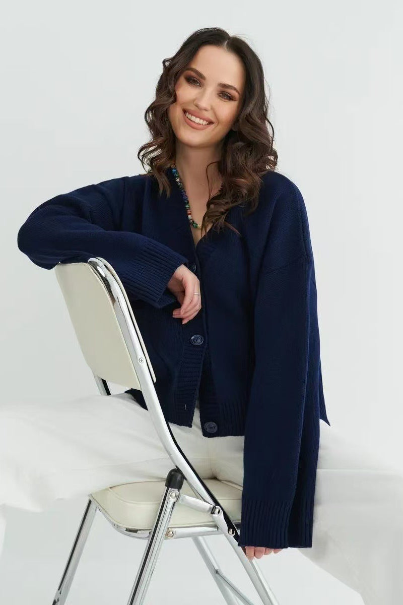 Women's Oversized Knit Cardigan V-Neck Button Front Patch Pockets Casual