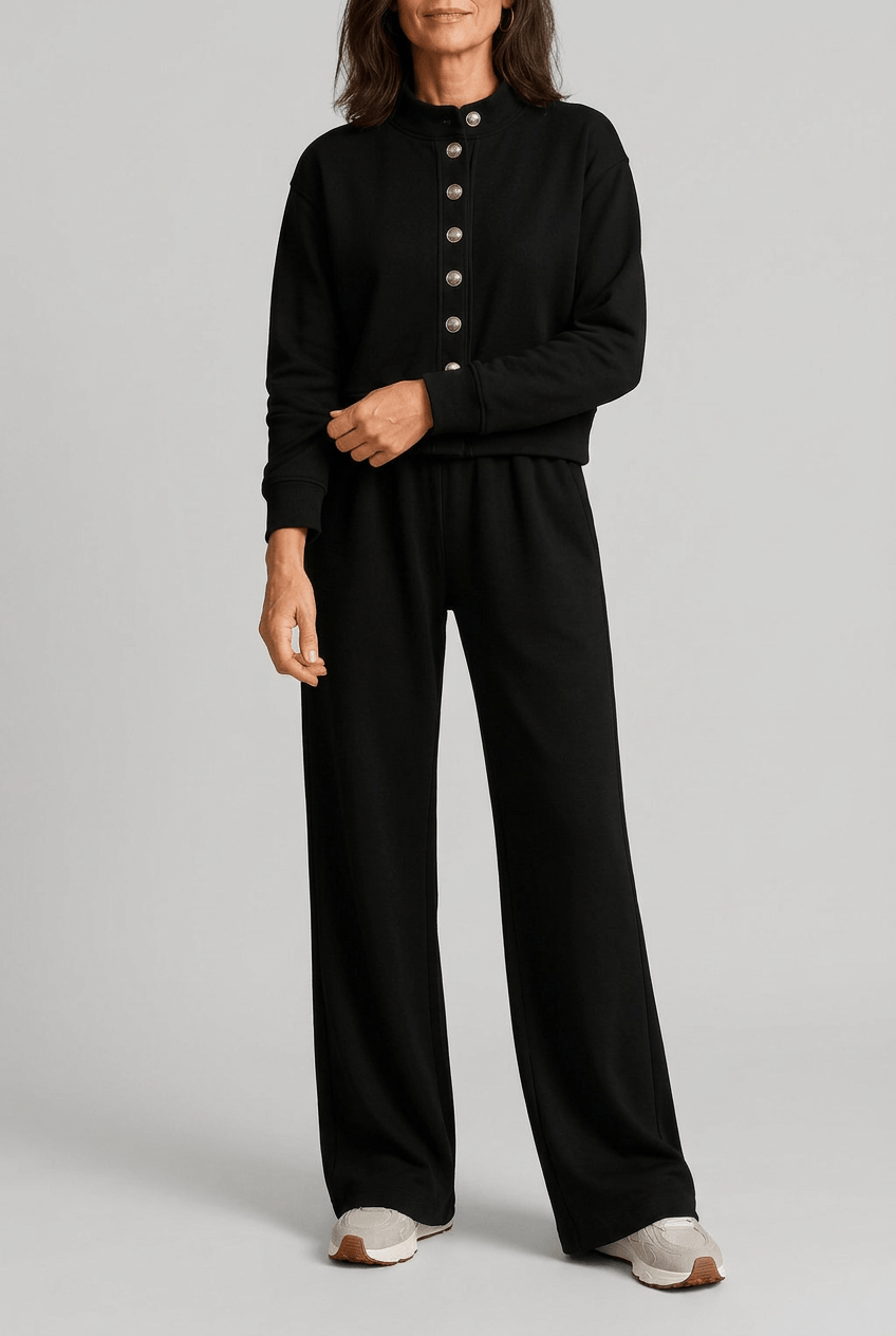 Women's Button Front Cardigan & Wide Leg Joggers Set High Neck Long Sleeve Casual