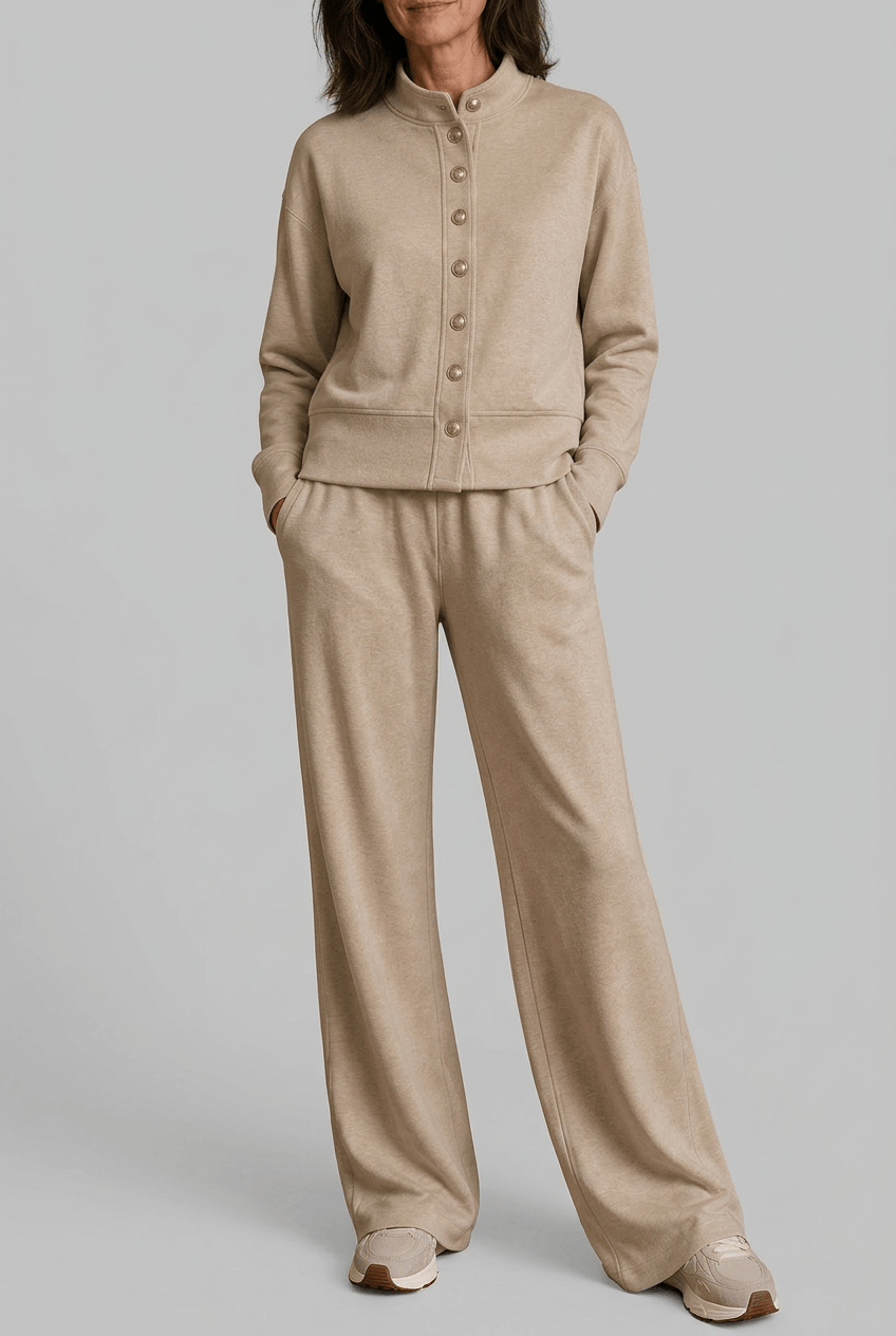 Women's Button Front Cardigan & Wide Leg Joggers Set High Neck Long Sleeve Casual