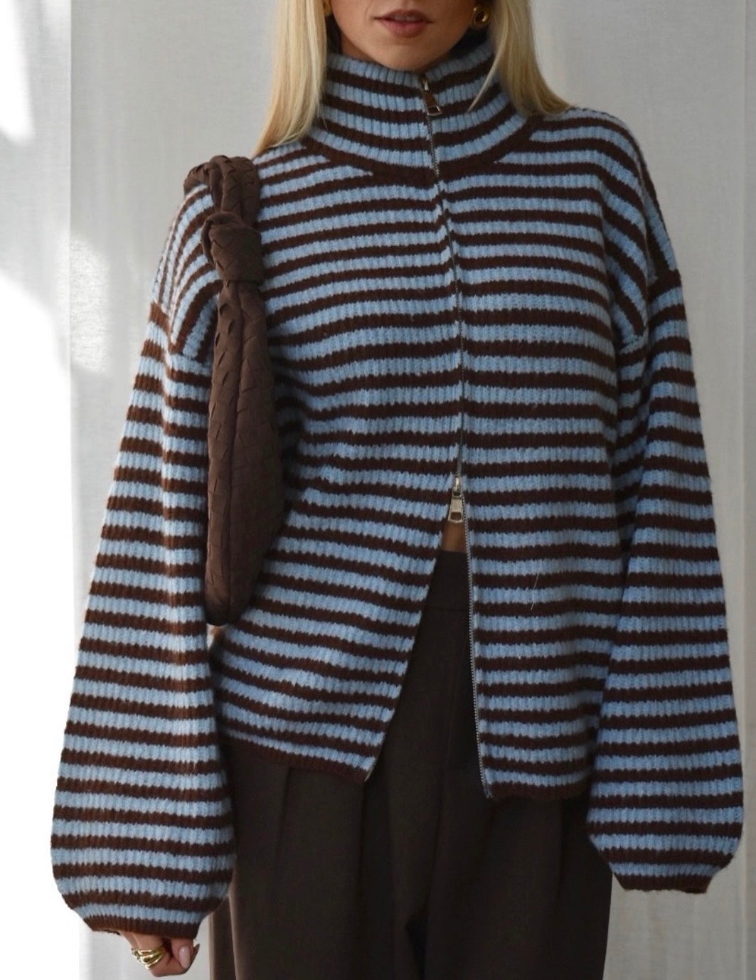 Women's Striped Cropped Cardigan High Neck Zip Front Long Sleeve Knit Sweater