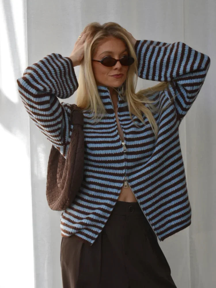 Women's Striped Cropped Cardigan High Neck Zip Front Long Sleeve Knit Sweater