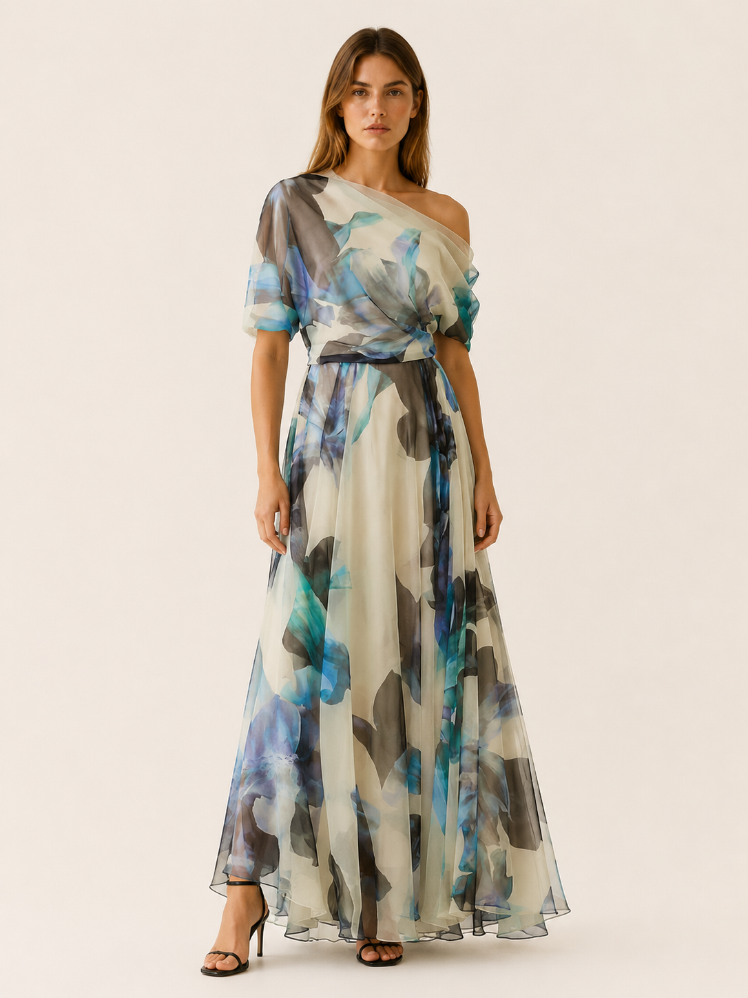 Women's Chiffon Maxi Dress Asymmetric Neckline Floral Short Sleeve Formal