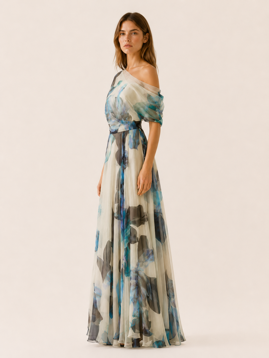 Women's Chiffon Maxi Dress Asymmetric Neckline Floral Short Sleeve Formal