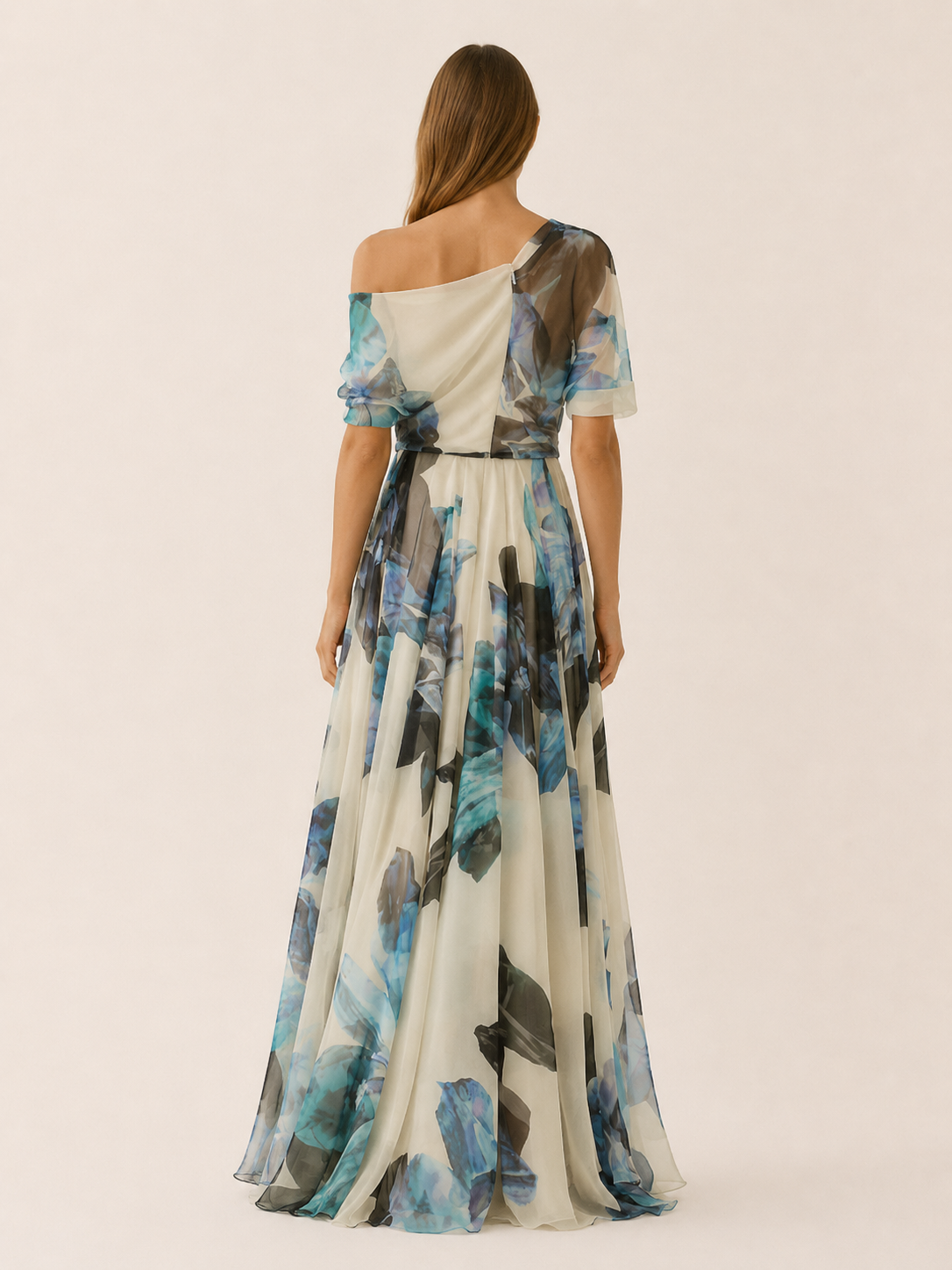 Women's Chiffon Maxi Dress Asymmetric Neckline Floral Short Sleeve Formal