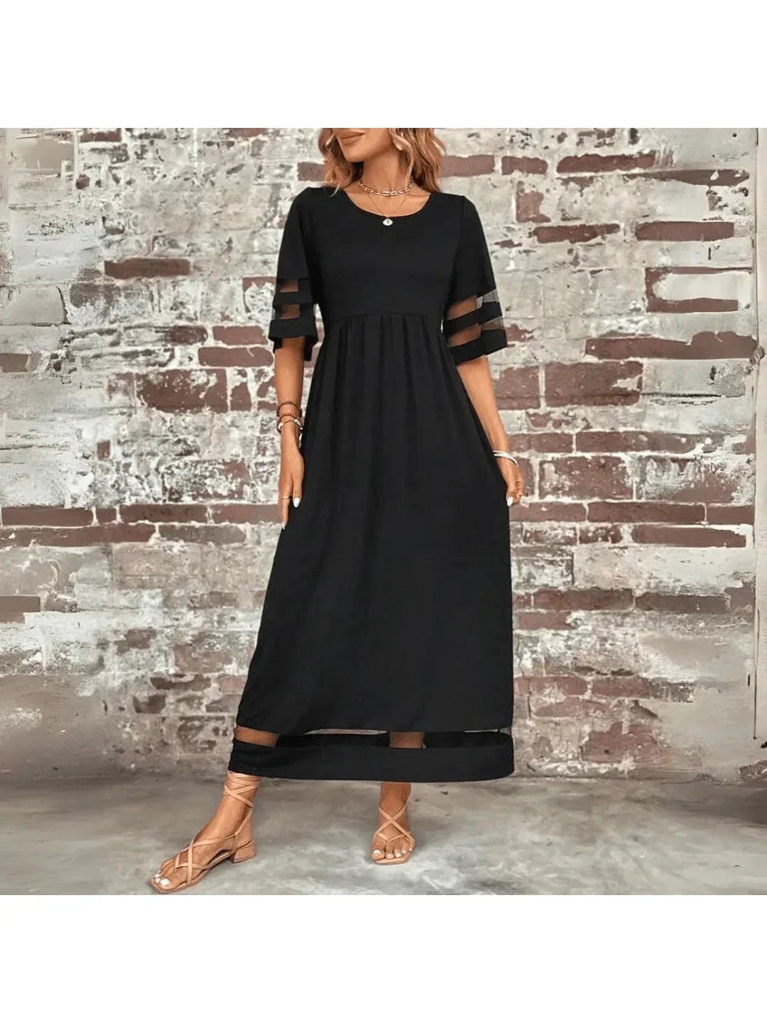 Women's Maxi Dress Mesh Panel Short Sleeve Round Neck Pocket Casual Beach