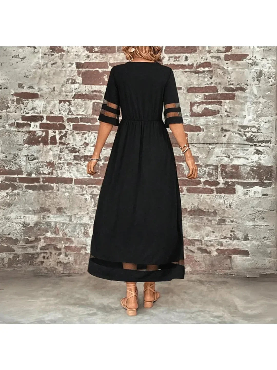 Women's Maxi Dress Mesh Panel Short Sleeve Round Neck Pocket Casual Beach
