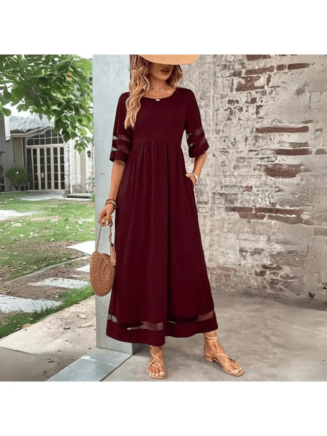 Women's Maxi Dress Mesh Panel Short Sleeve Round Neck Pocket Casual Beach