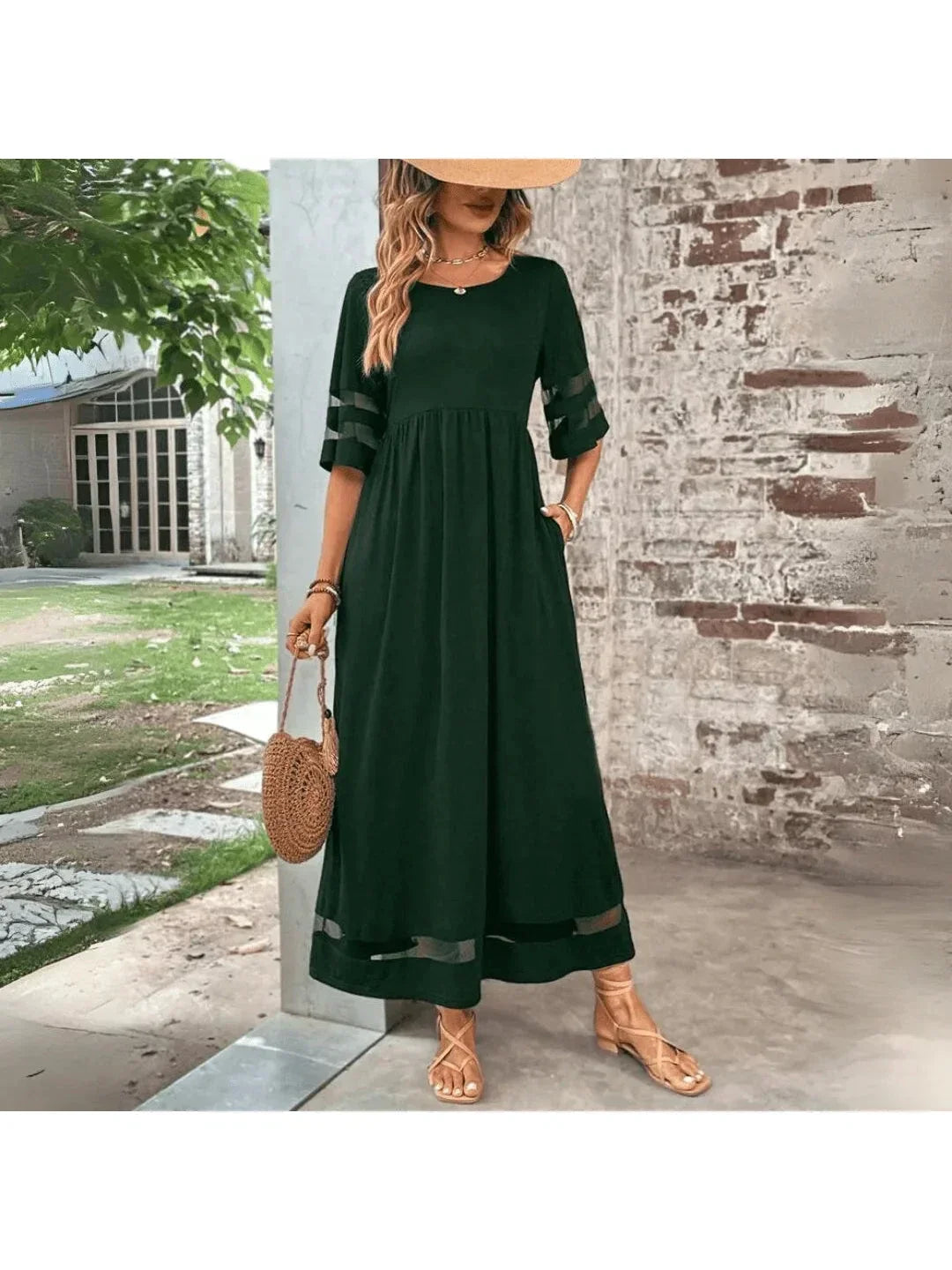 Women's Maxi Dress Mesh Panel Short Sleeve Round Neck Pocket Casual Beach