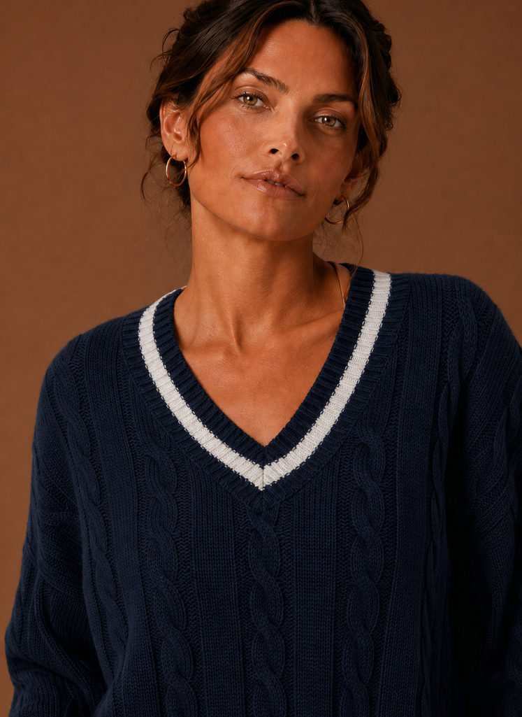 Women's Cable Knit Sweater V-Neck Long Sleeve Pullover Striped Trim Casual