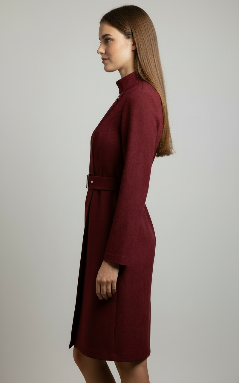 Women's Belted A-Line Dress Asymmetric High Neck Long Sleeve Midi Dress