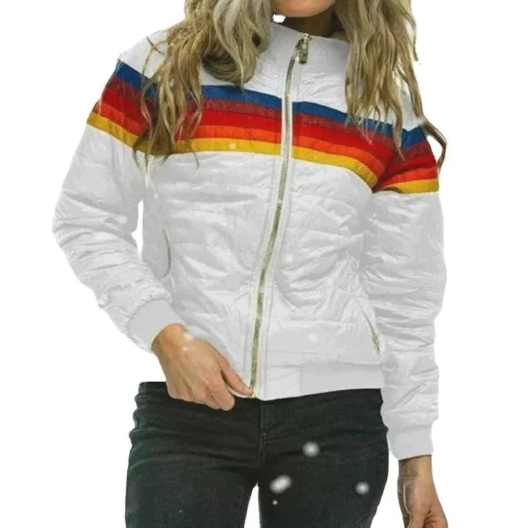 Women's Rainbow Stripe Puffer Jacket Hooded Zip-Up Winter Coat