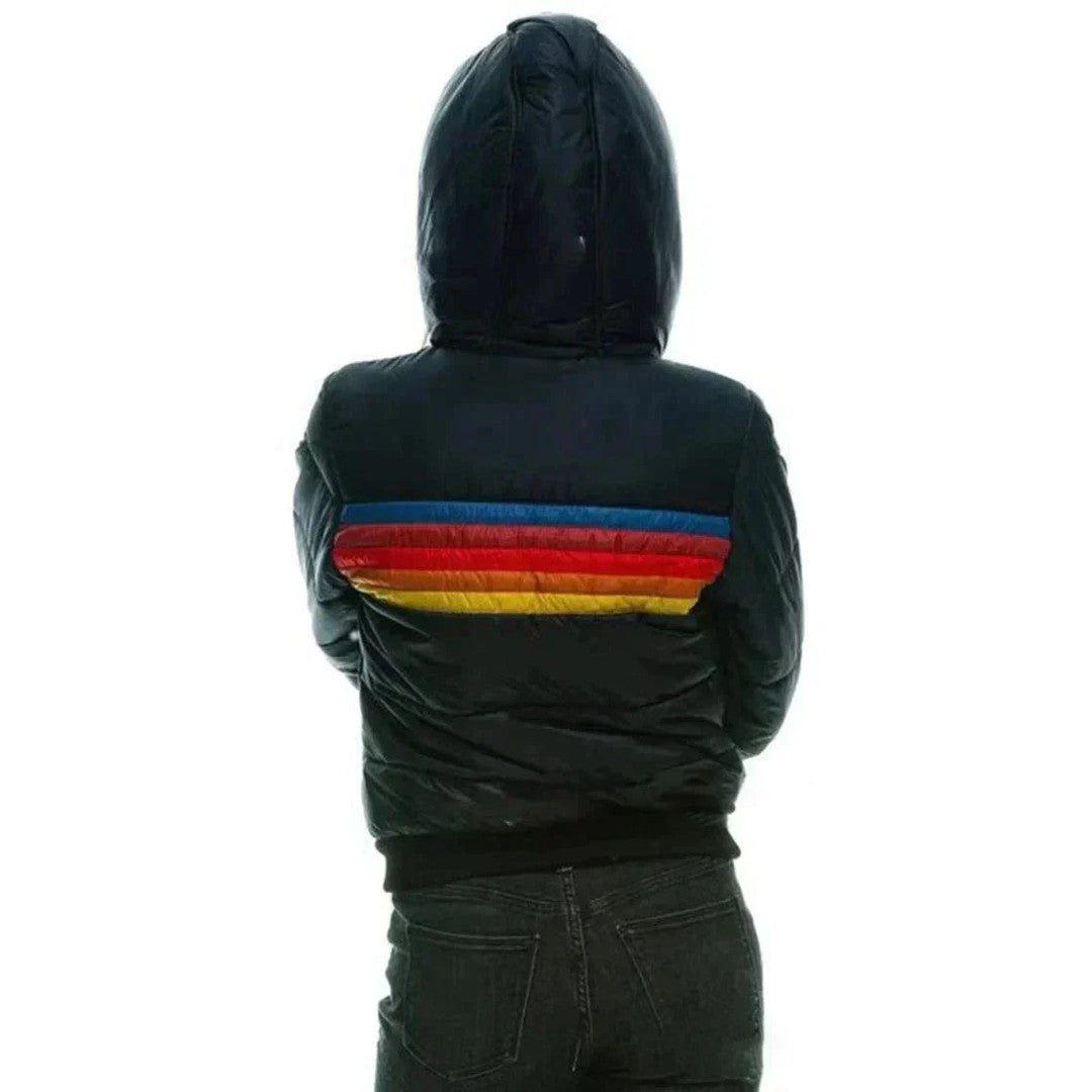 Women's Rainbow Stripe Puffer Jacket Hooded Zip-Up Winter Coat