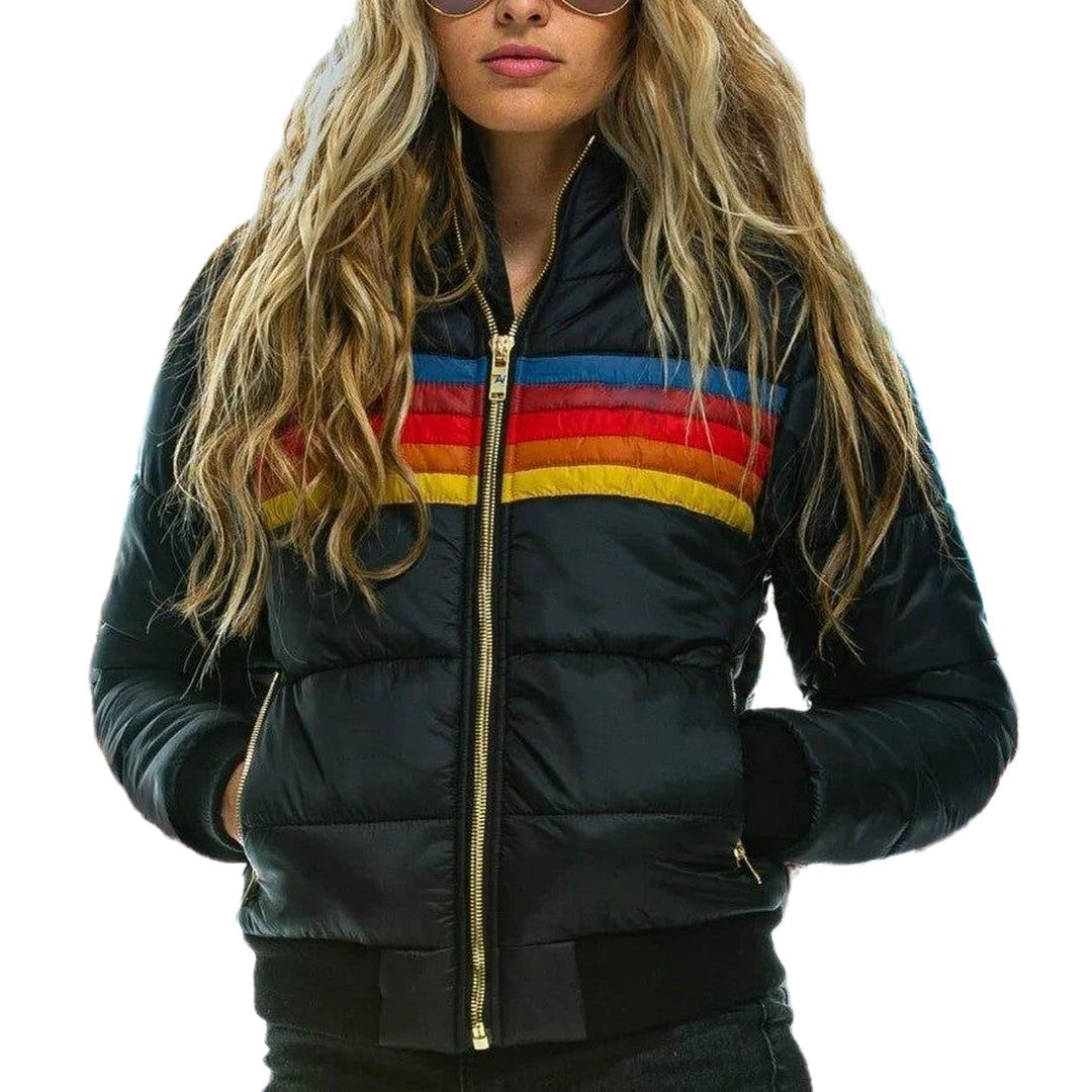 Women's Rainbow Stripe Puffer Jacket Hooded Zip-Up Winter Coat