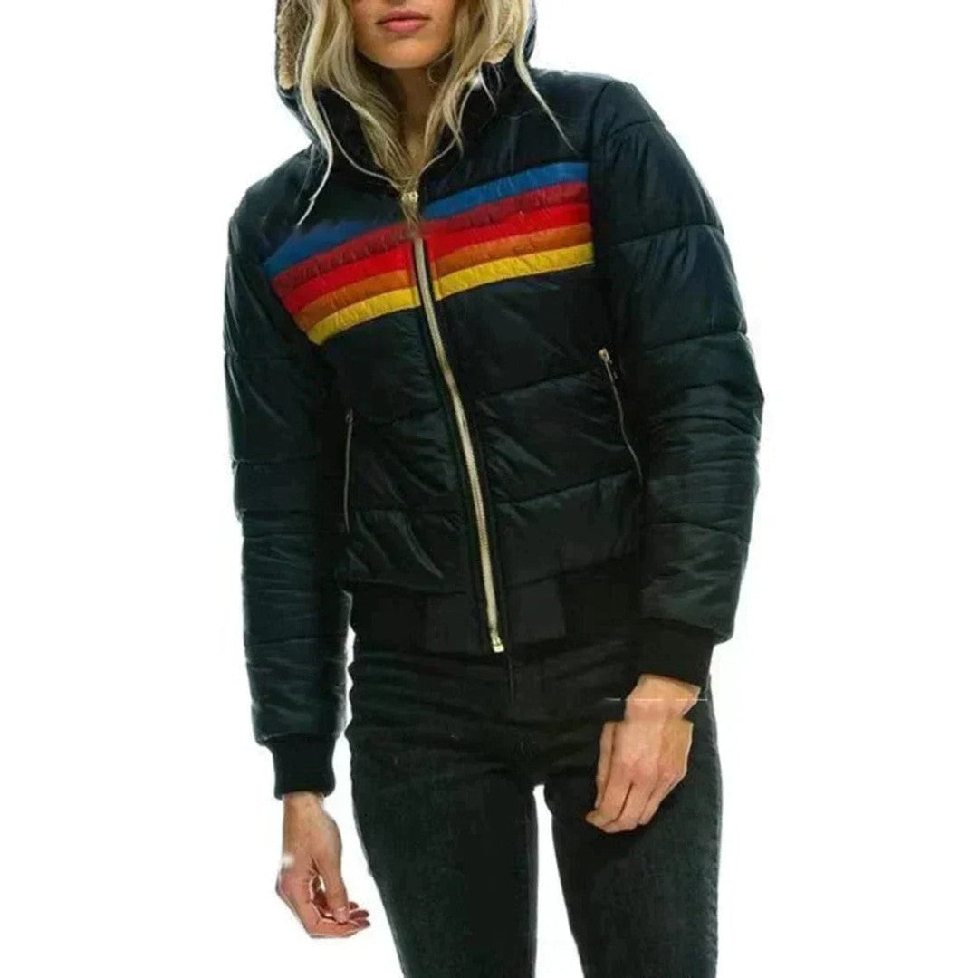 Women's Rainbow Stripe Puffer Jacket Hooded Zip-Up Winter Coat