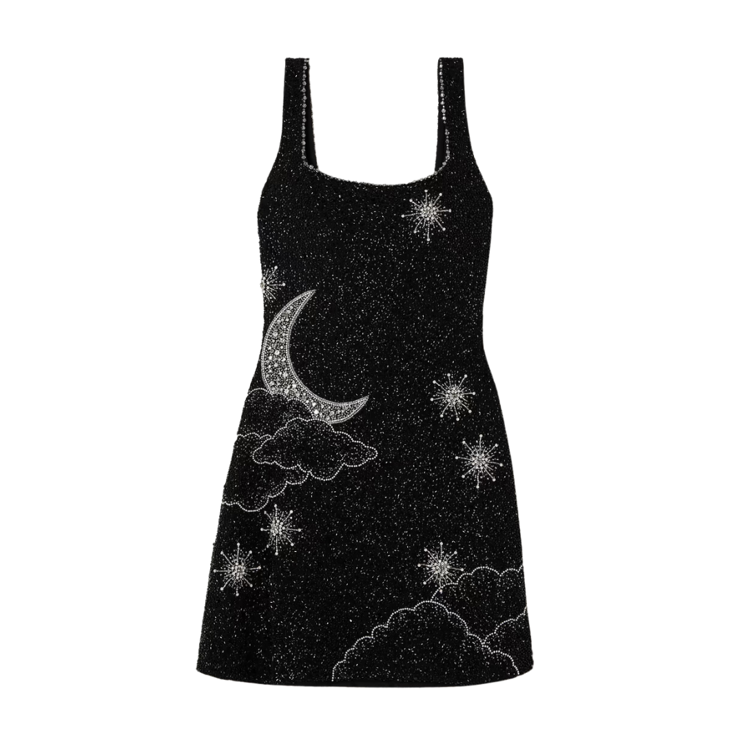 Women's Beaded Mini Dress Square Neck Celestial Print High Slit Evening Party