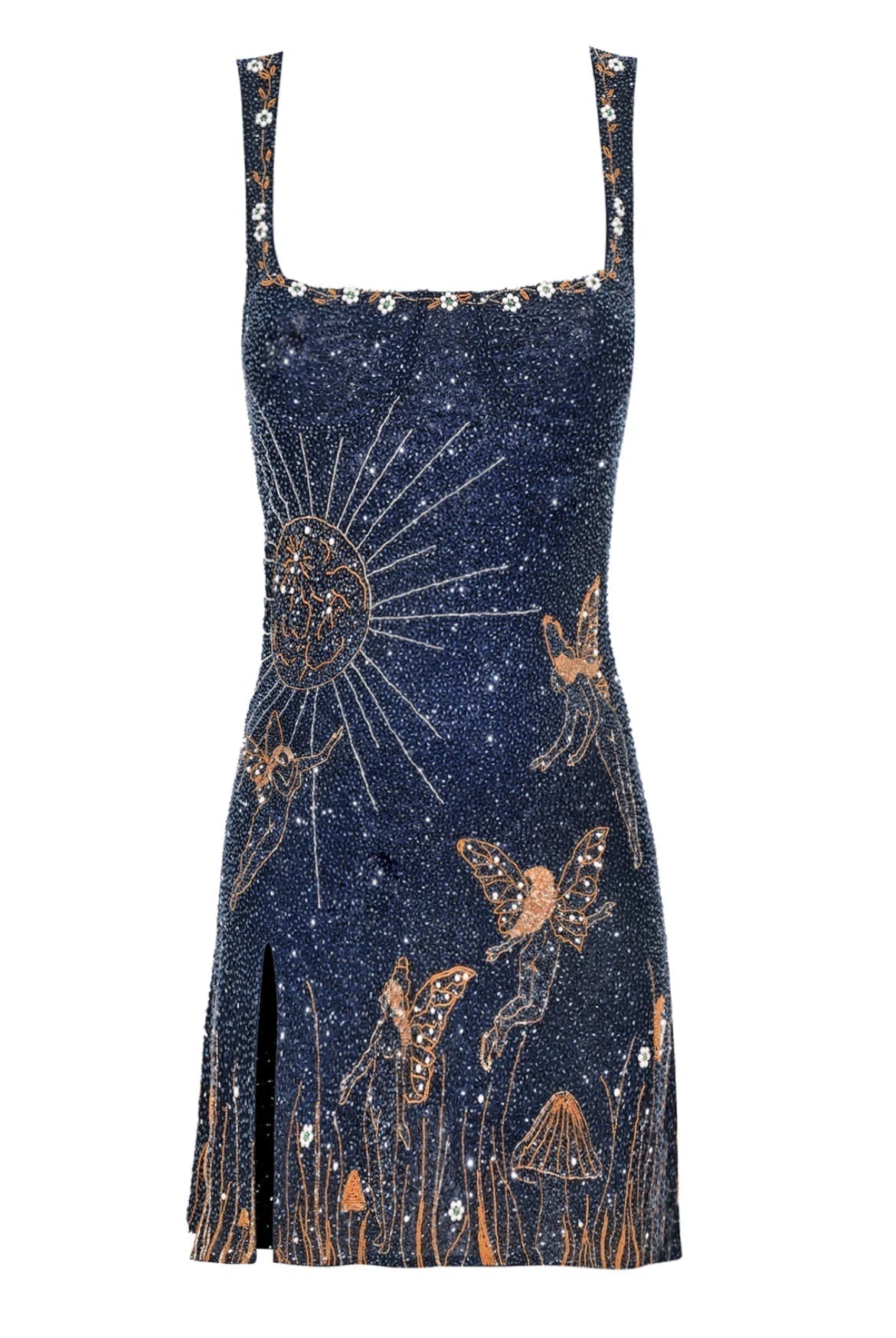 Women's Beaded Mini Dress Square Neck Celestial Print High Slit Evening Party
