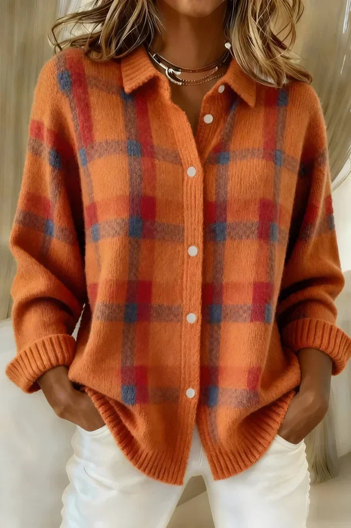 Women's Plaid Knit Cardigan V-Neck Long Sleeve Button-Down Collared Sweater