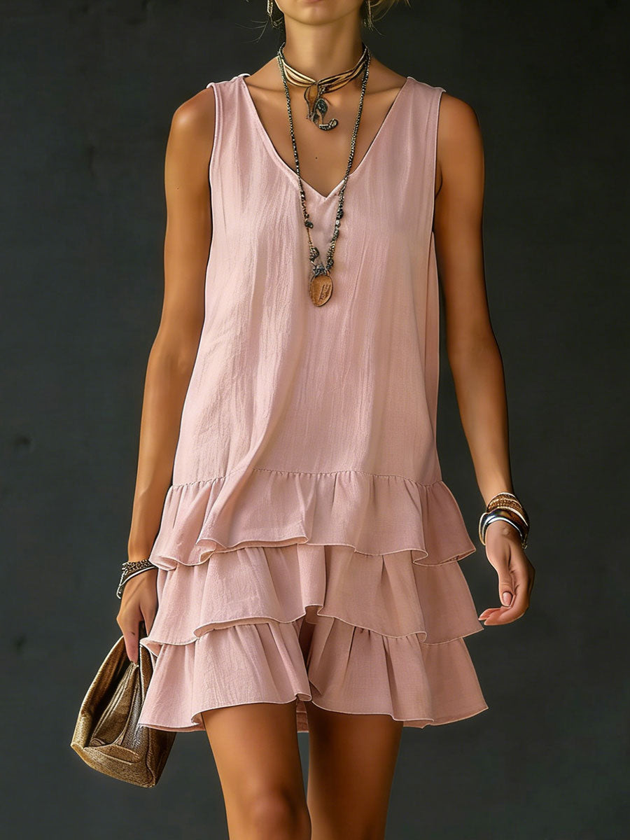 Women's Linen Mini Dress V-Neck Sleeveless Tiered Ruffle Casual Beach