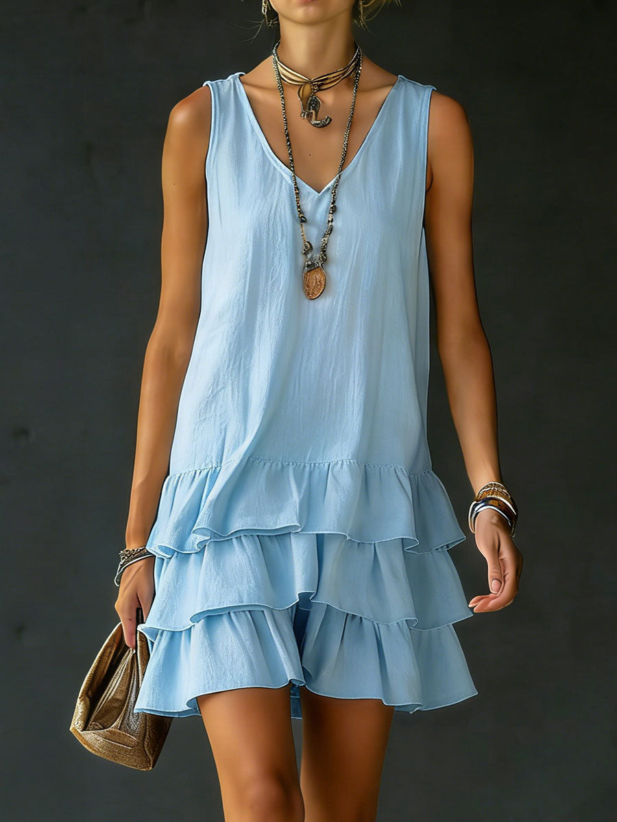 Women's Linen Mini Dress V-Neck Sleeveless Tiered Ruffle Casual Beach