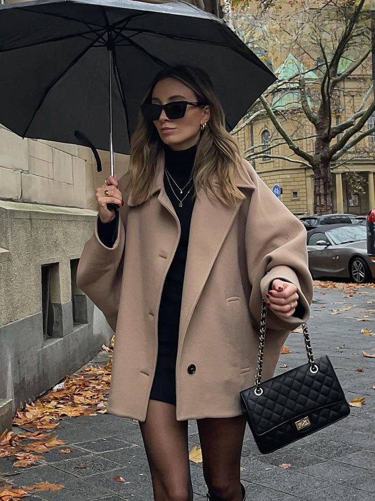 Women's Oversized Cocoon Coat Camel Wide Lapel Button Front Long Sleeve Winter