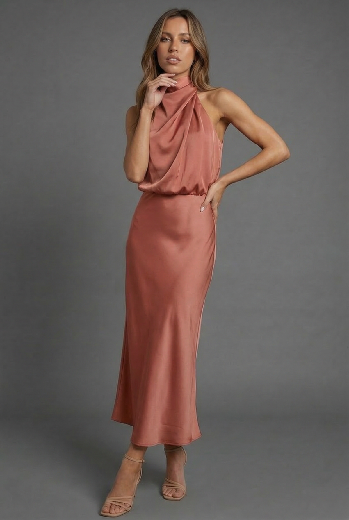 Women's Midi Dress Halterneck Satin Style Wedding Guest