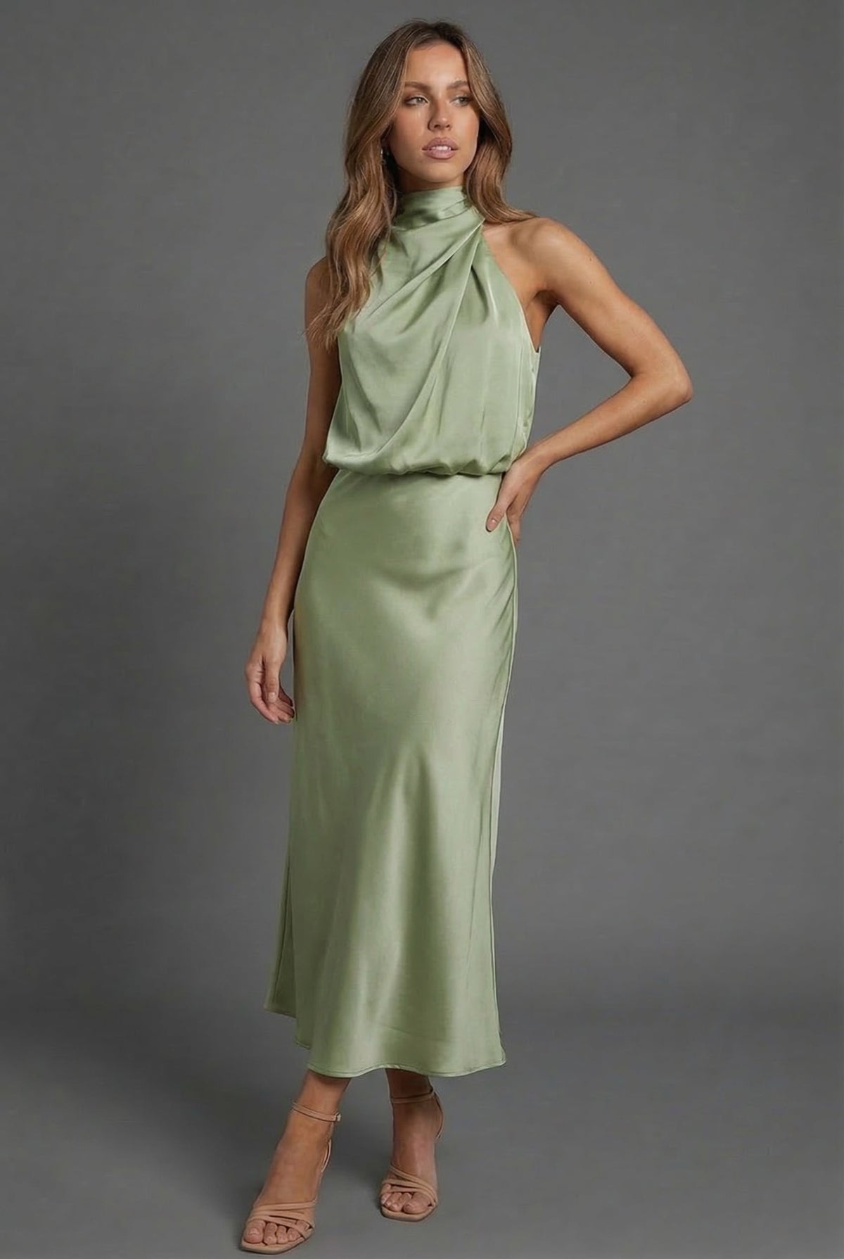 Women's Midi Dress Halterneck Satin Style Wedding Guest