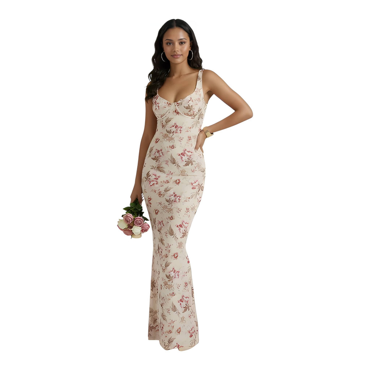 Women's Floral Bodycon Maxi Dress Sweetheart Neckline Sleeveless Wedding Guest