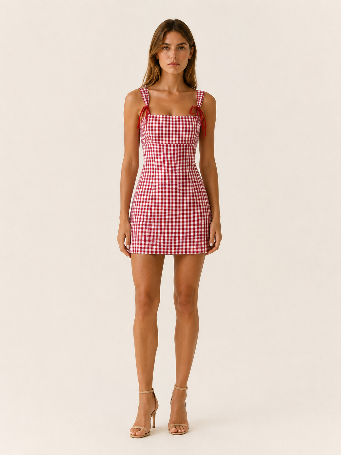 Women's Gingham Mini Dress Square Neck Bodycon Tie Strap Back Cutout Summer