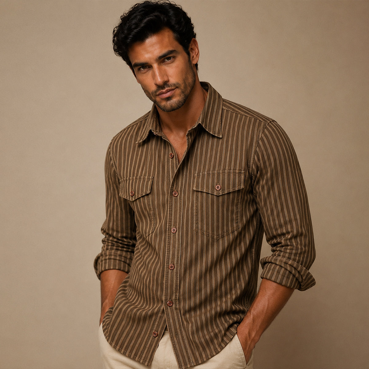 The Marseille Men's Cotton Retro Striped Button Up Shirt