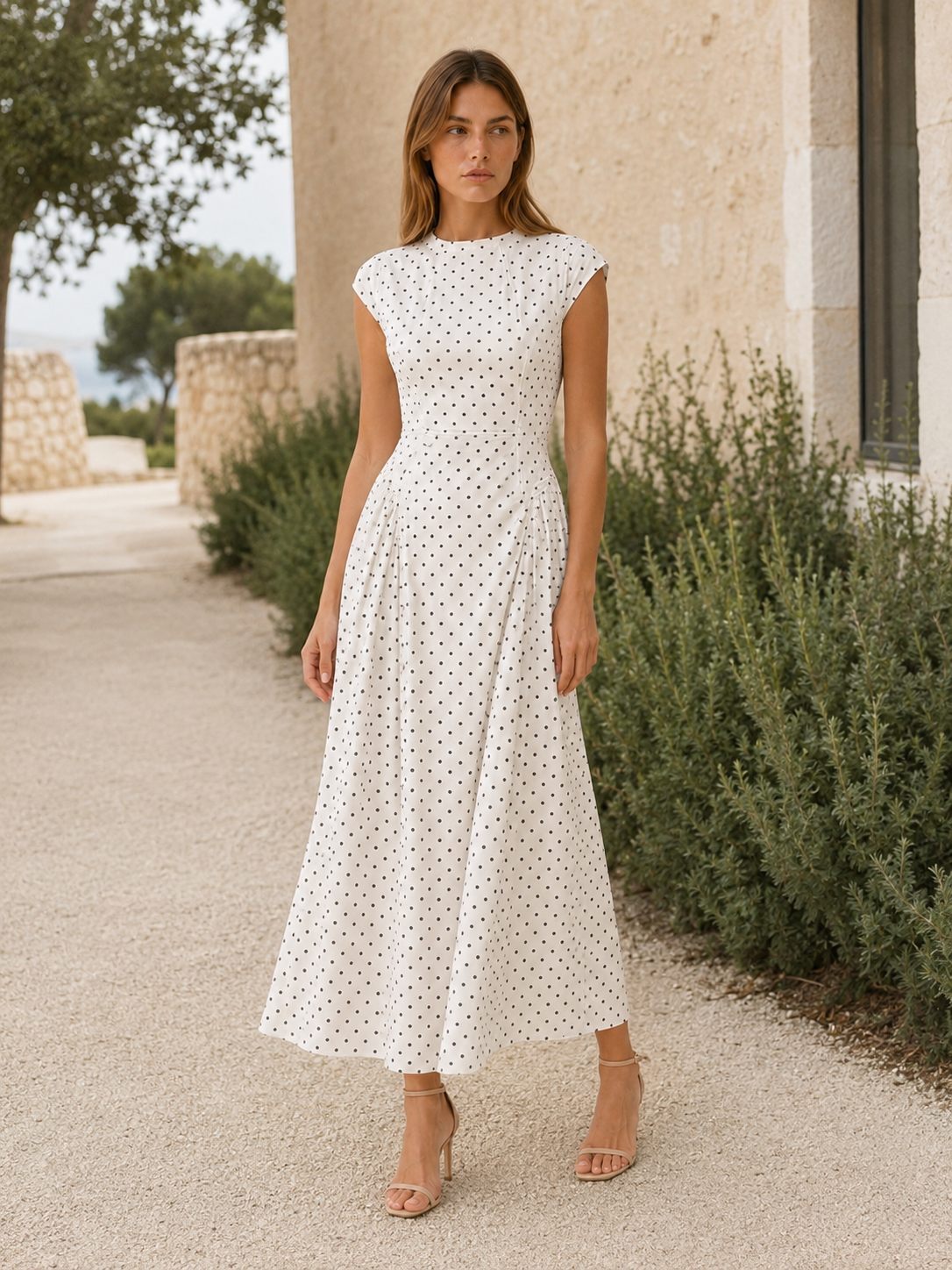 Women's Polka Dot Maxi Dress Cap Sleeve Round Neck A-Line Everyday