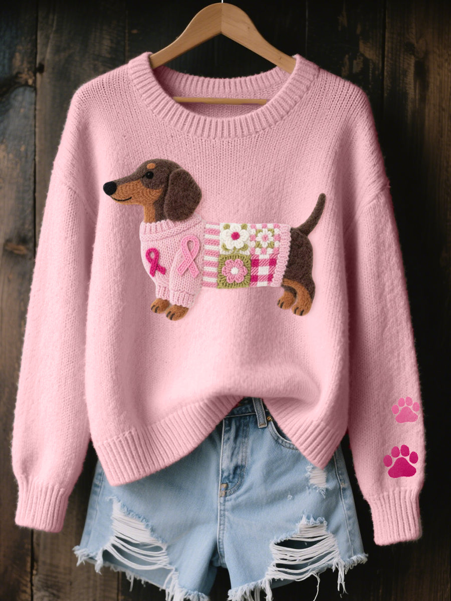 Women's Knitted Sweater Dachshund Motif Crew Neck Long Sleeve Paw Print Winter