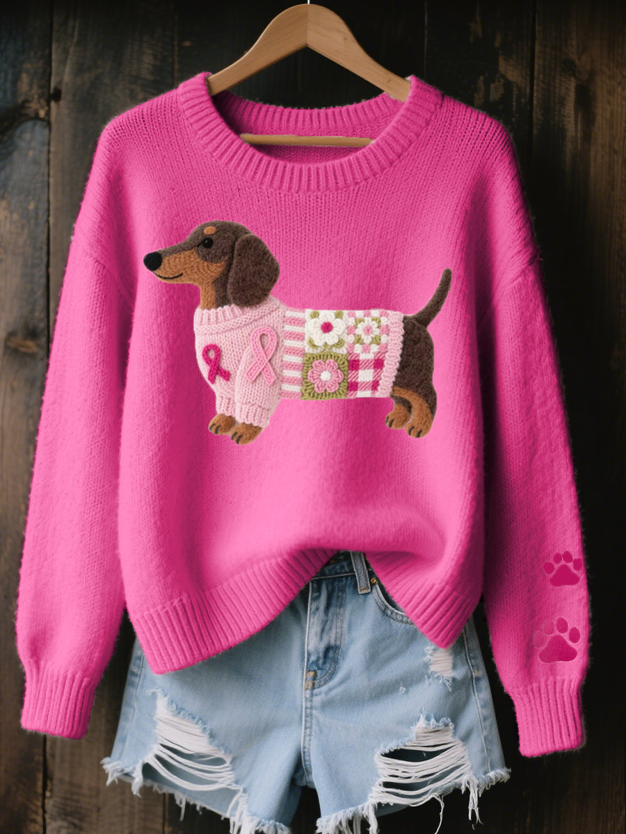 Women's Knitted Sweater Dachshund Motif Crew Neck Long Sleeve Paw Print Winter