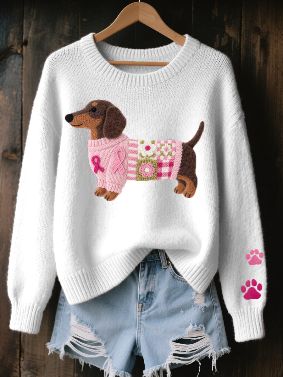 Women's Knitted Sweater Dachshund Motif Crew Neck Long Sleeve Paw Print Winter
