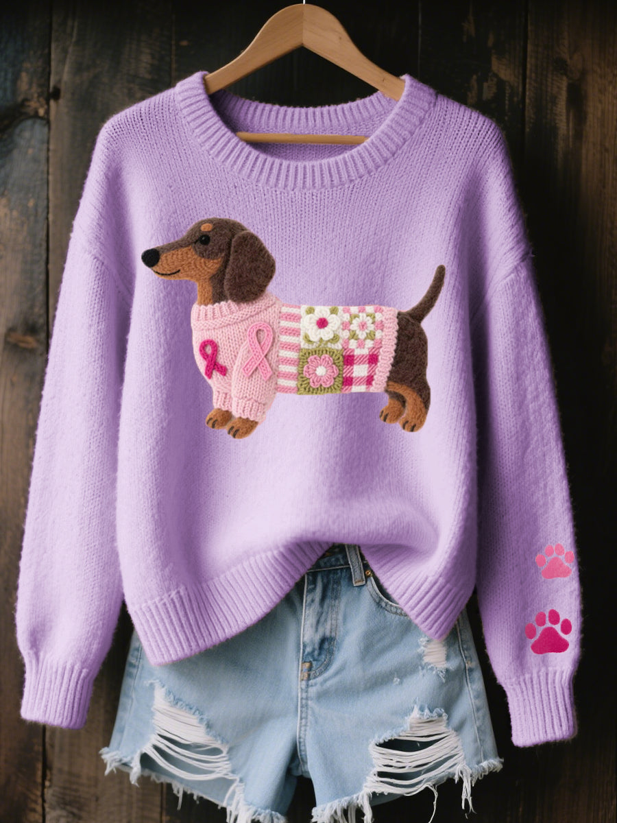 Women's Knitted Sweater Dachshund Motif Crew Neck Long Sleeve Paw Print Winter