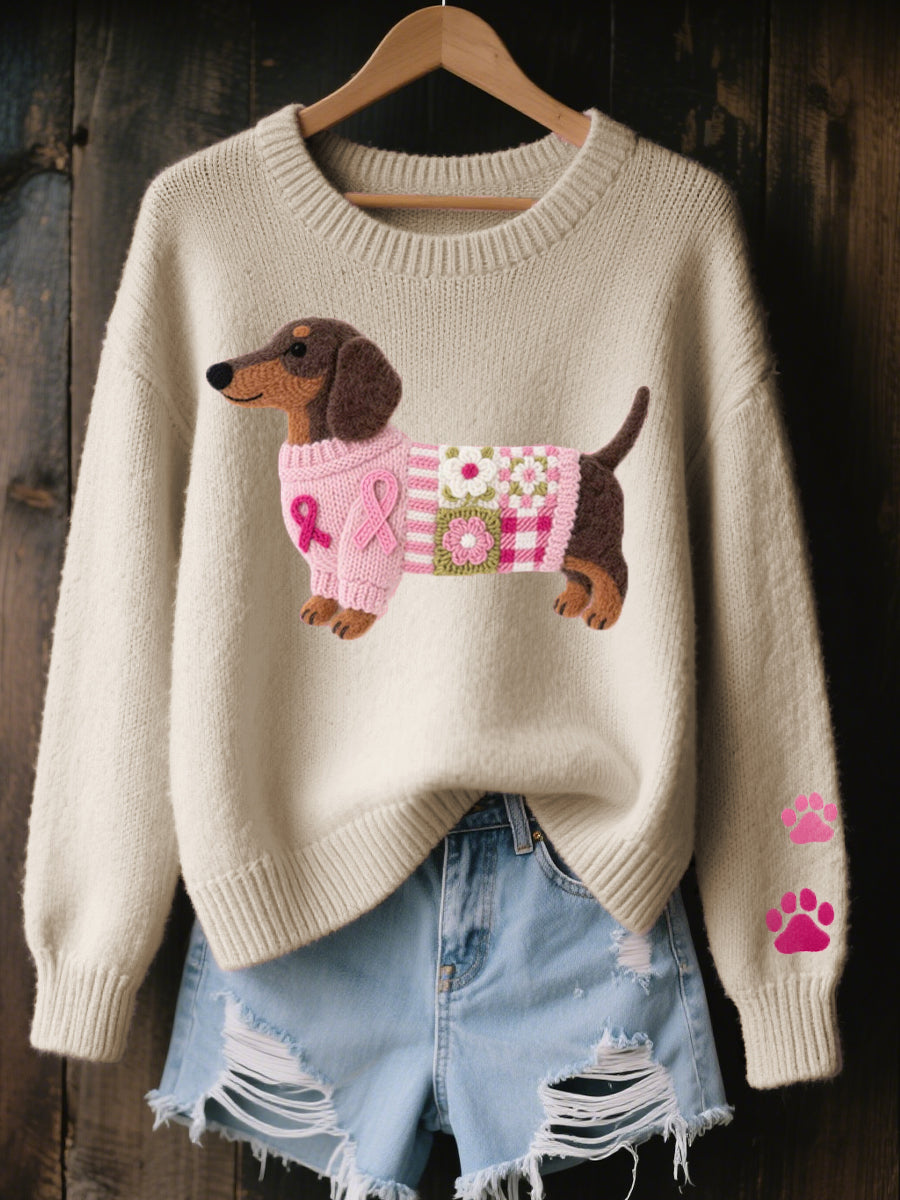 Women's Knitted Sweater Dachshund Motif Crew Neck Long Sleeve Paw Print Winter
