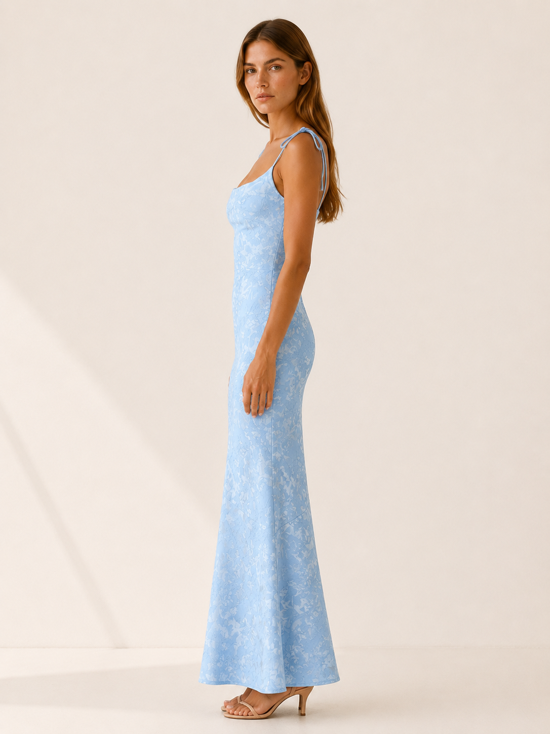 Women's Jacquard Maxi Dress Floral Lace-Up Back Tie Straps Scoop Neck