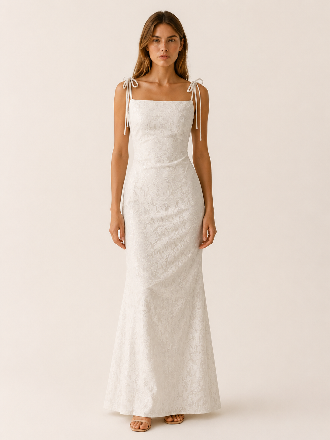Women's Jacquard Maxi Dress Floral Lace-Up Back Tie Straps Scoop Neck
