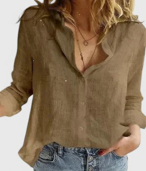 Women's Linen Button Down Shirt Lapel Collar Long Sleeve Casual Top